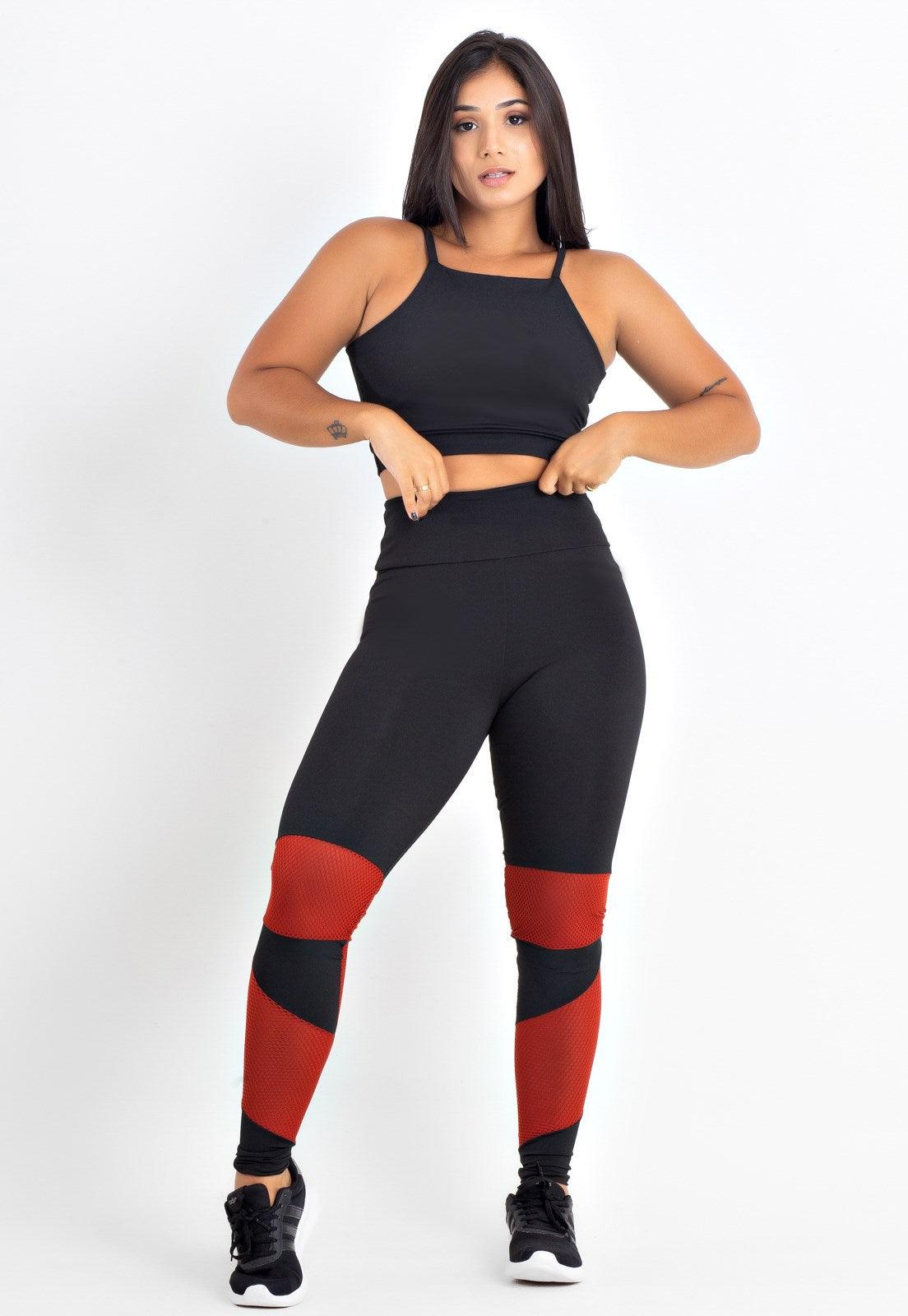 Conjunto Fitness Top + Calça Legging Feminino com Detalhe em Tela